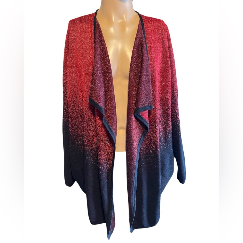 Notations Women’s Open Cardigan Red Black Ombré Metallic Sparkly Size 3X